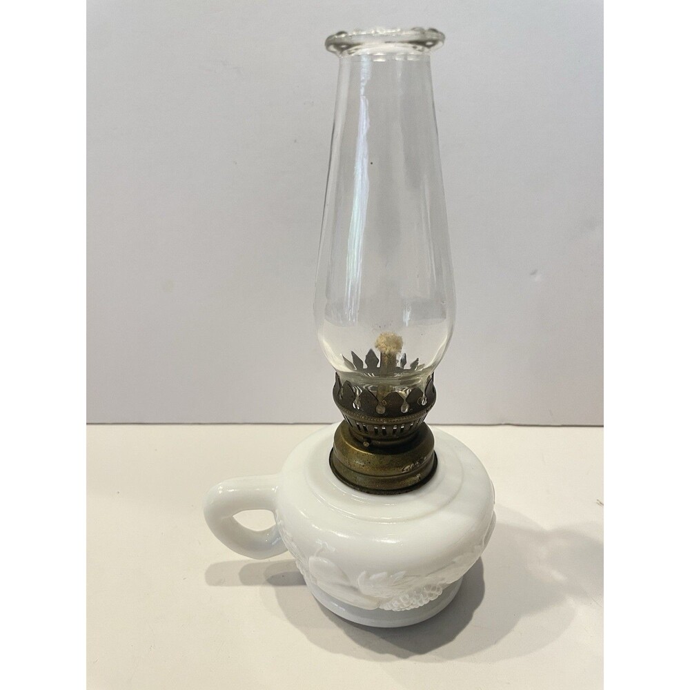 Vintage Miniature Milk Glass Oil Lamp with Ornate Ruffled Chimney
